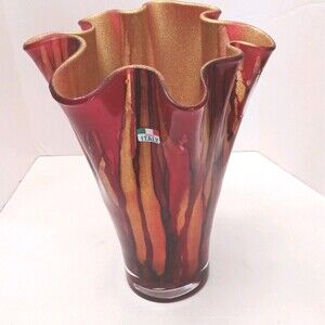Murano like Italian Art Glass Vase Red & Gold Glossy Ruffled Rim Decorative